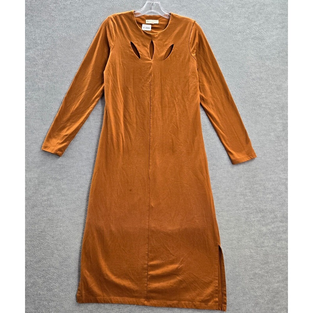 Synergy Women Dress Medium Brown Midi Shift Organic Cotton Cut Out READ
